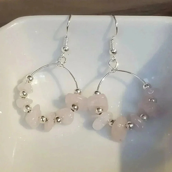 Handcrafted Baroque Rose Quartz Gemstone Sterling Silver Plated Hoop Earrings - Picture 3 of 7